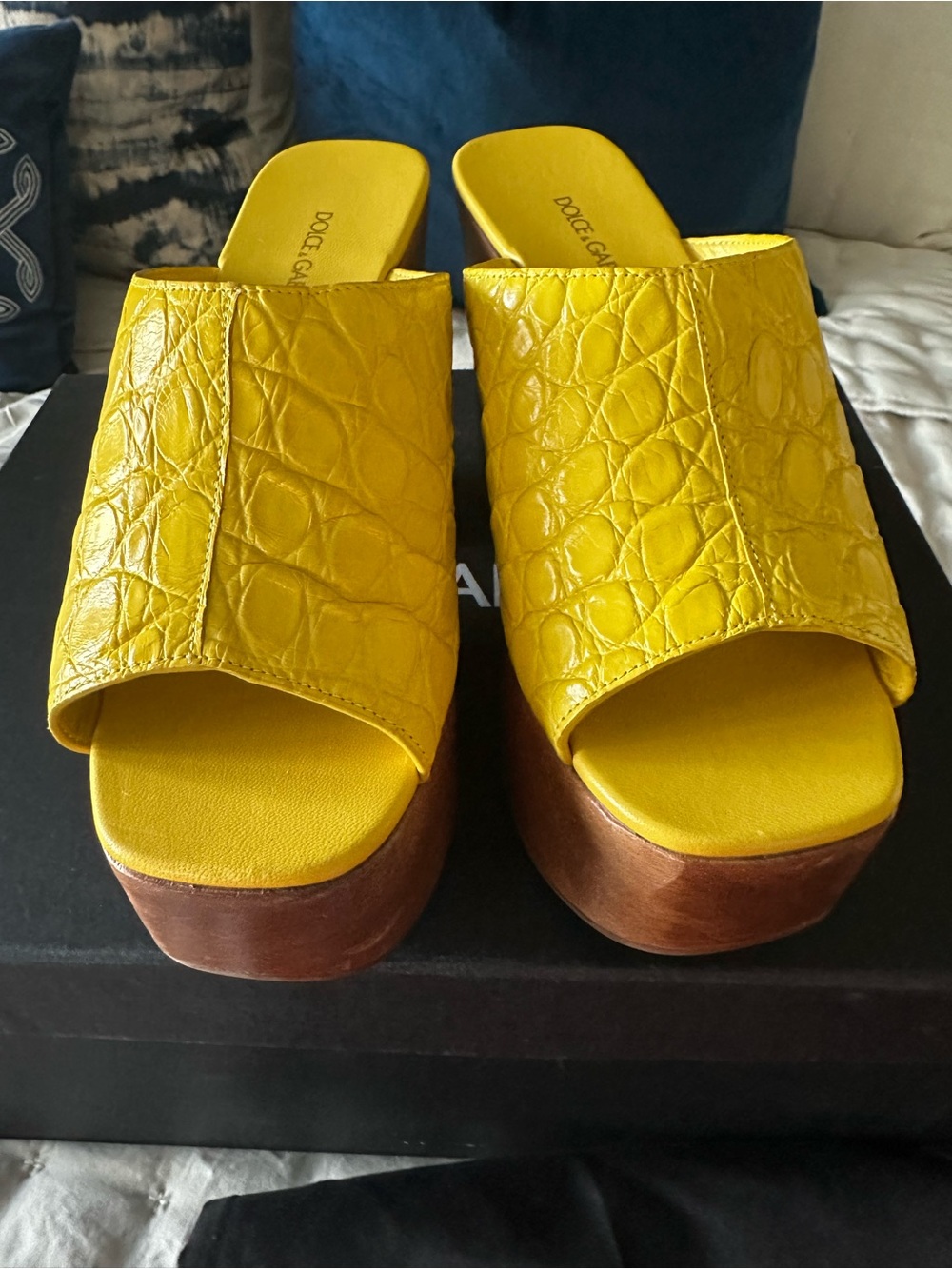 Dolce & Gabbana Croc-Embossed Yellow Leather Platform Slides